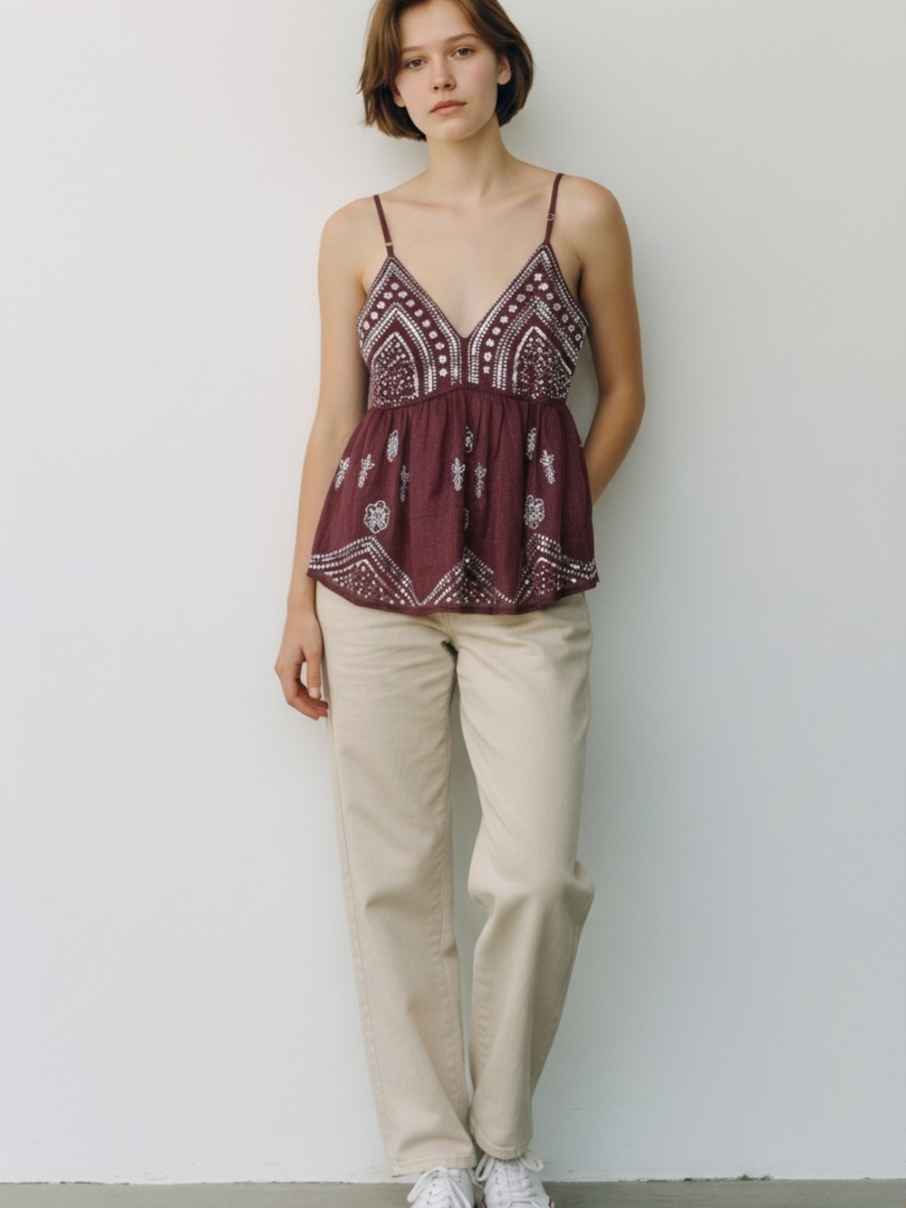 Lizette Collection Women's Embroidered Maroon Spaghetti Strap Tank Top